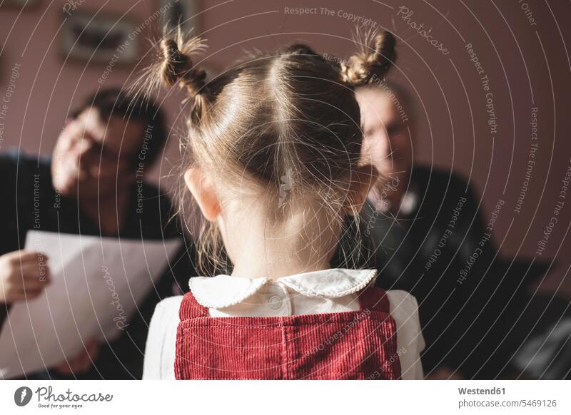 Rear view of girl with braids and grandparents in background females girls people persons human being humans human beings family families child children kid