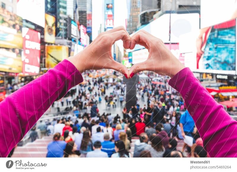 USA, New York, heart-shaped hands on Times Square hearts heart shapes human hand human hands shaping Forming Heart shape heart shaped Heartshape people persons