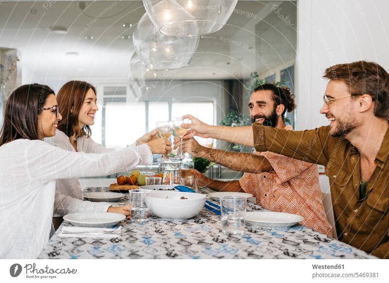 Happy friends having lunch together clinking glasses human human being human beings humans person persons caucasian appearance caucasian ethnicity european