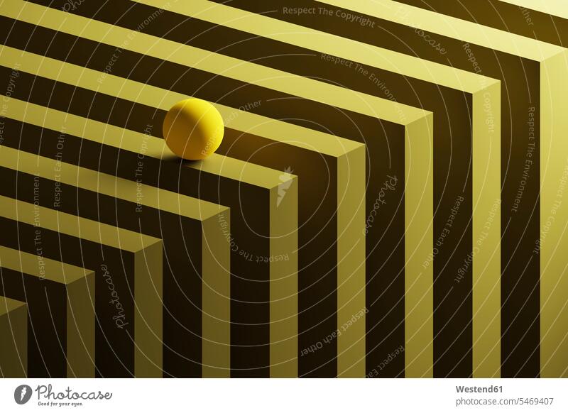 Three dimensional render of small yellow sphere rolling over geometric pattern Digitally Generated Image computer generated image computer-generated image cgi