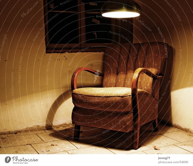 Sitting corner. Armchair Retro Chair back Wood Cloth Brown Calm Break Lamp Light Relaxation Seating Old Second-hand shine sit down take a seat