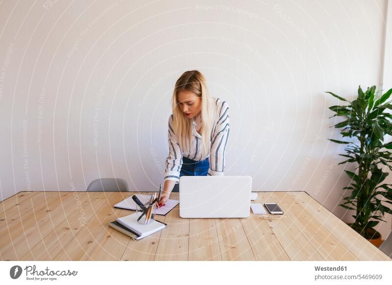 Young businesswoman standing at desk, using laptop using a laptop Using Laptops desks blond blond hair blonde hair businesswomen business woman business women