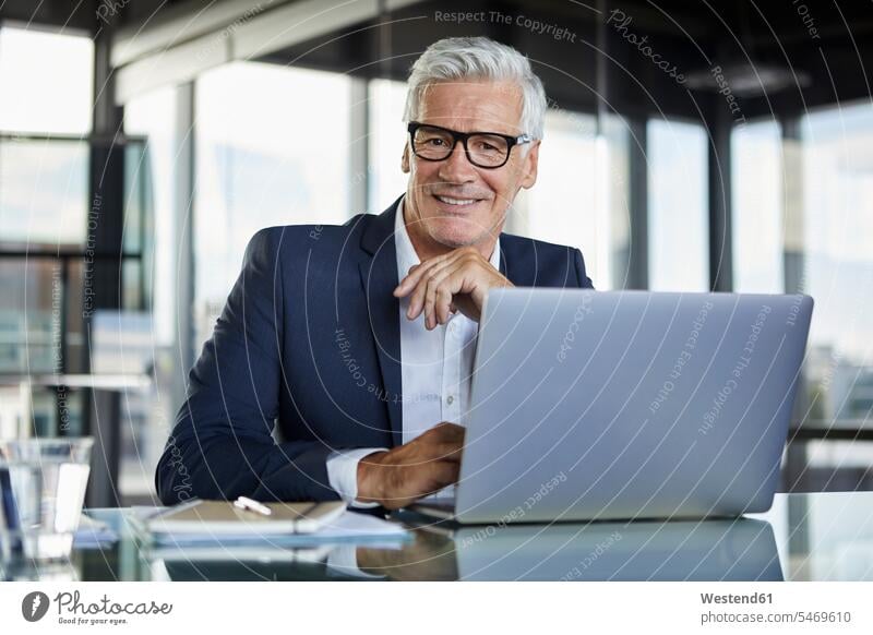 Businessman working in office, using laptop Business man Businessmen Business men using a laptop Using Laptops desk desks Office Offices mature men mature man
