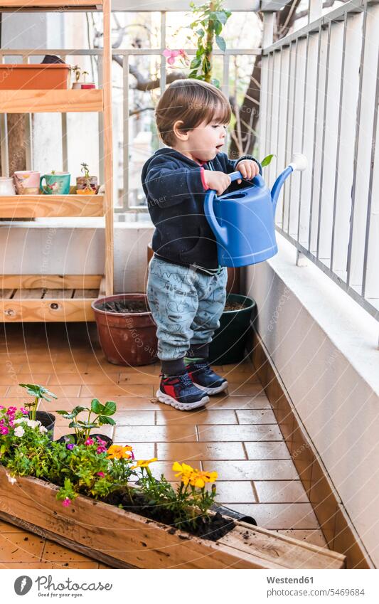 Cute boy holding watering can while standing by railing at balcony color image colour image outdoors location shots outdoor shot outdoor shots day daylight shot
