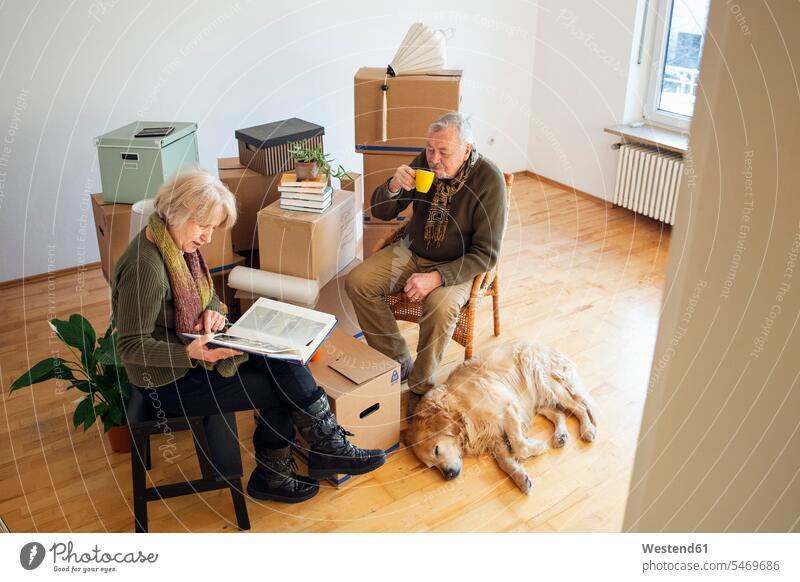 Senior couple having a break surrounded by cardboard boxes in an empty room human human being human beings humans person persons caucasian appearance