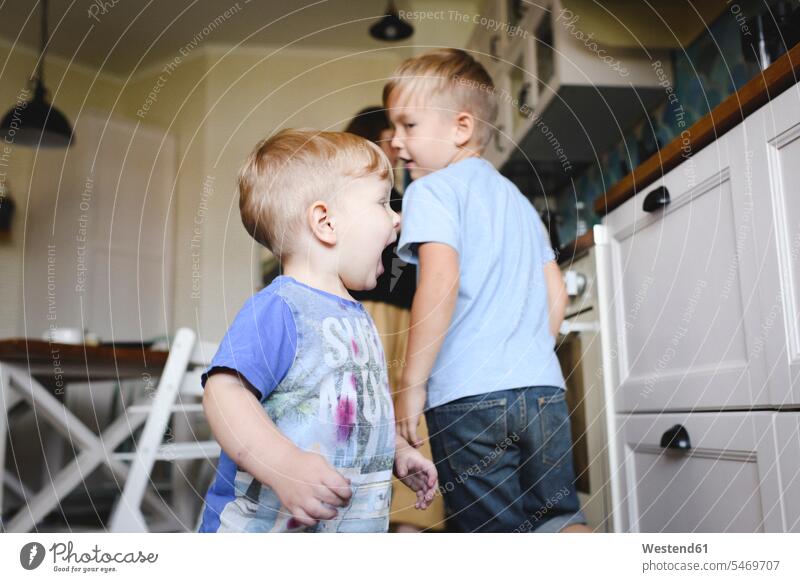 Two little boys running in the kitchen human human being human beings humans person persons caucasian appearance caucasian ethnicity european Group