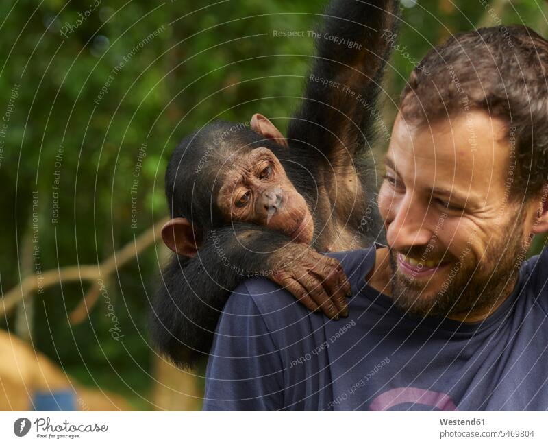 Cameroon, Pongo-Songo, Smiling man with Chimpanzee (Pan troglodytes) on back Central Africa outdoors location shots outdoor shot outdoor shots day daylight shot