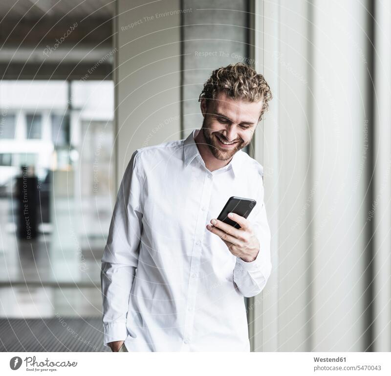 Smiling young businessman looking at cell phone at the window in office windows Businessman Business man Businessmen Business men smiling smile males