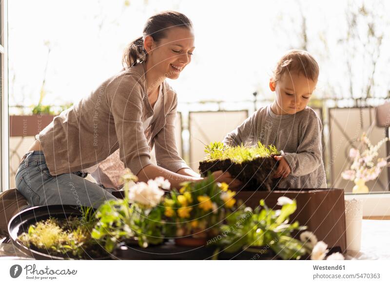 Mother and daughter planting flowers together on balcony Germany nature natural world teaching educating educate one parent flower box flower boxes childhood