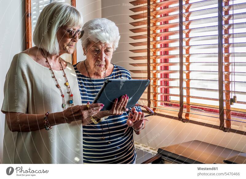 Senior female friends using digital tablet by window at home color image colour image Spain leisure activity leisure activities free time leisure time