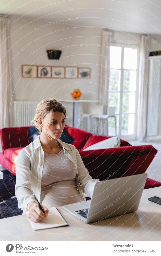 Female freelancer writing in book while using laptop at desk in living room color image colour image indoors indoor shot indoor shots interior interior view