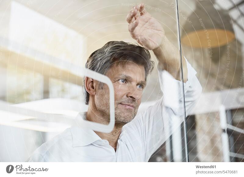 Portrait of mature businessman leaning against glass wall in office looking view seeing viewing offices office room office rooms Businessman Business man