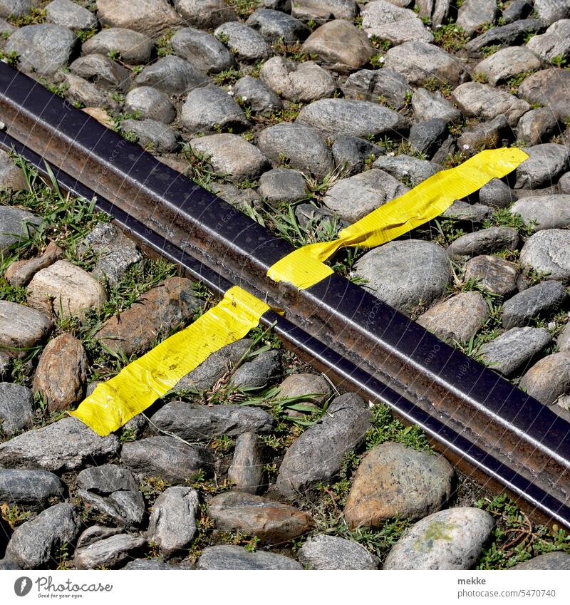 RAILWAY STRIKE Track rail Rail transport Railroad tracks cordon Adhesive tape Railroad system mark barrier tape blocking Transport pasted over Public transit