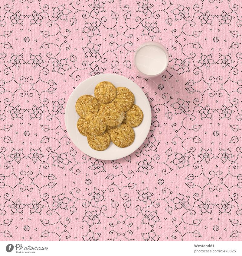 3D rendering, Oatmeal cookies on table cloth with floral pattern Tablecloth Table-Cloth Table Cloth Tablecloths Table Cloths 3D Rendering 3D-Rendering