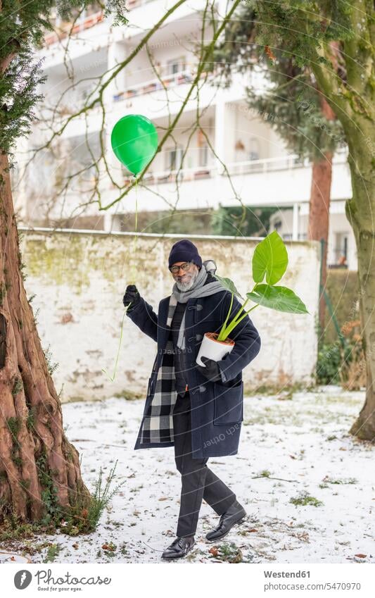 Smiling mature man with green balloon and potted plant in winter smiling smile balloons men males hibernal potted plants pot  plants pot plant decoration
