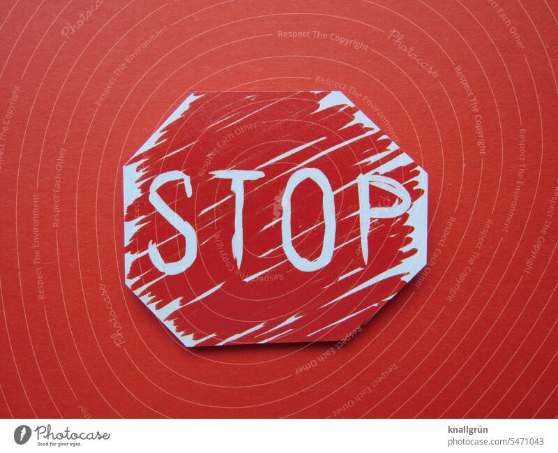 STOP Stop sign Signage Signs and labeling octagon Octahedron Road sign Safety Warning sign Colour photo Bans Road traffic Transport Red White shaded