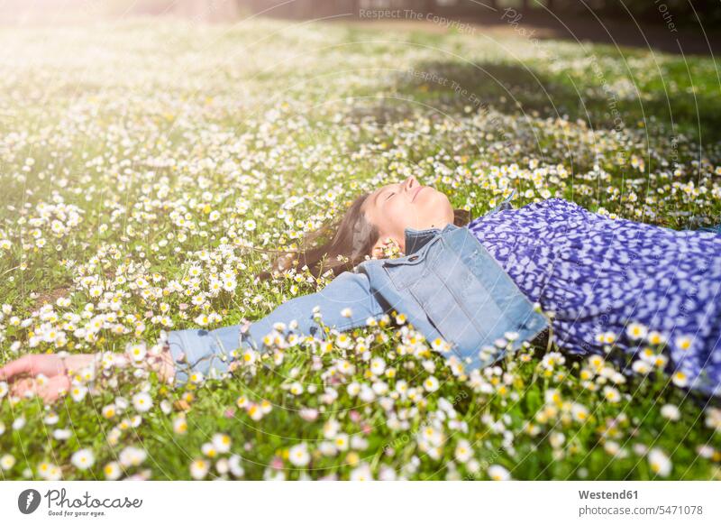 Relaxed young woman lying on flower meadow in a park parks Foral Field Field of Flowers Flower Field females women laying down lie lying down relaxed relaxation