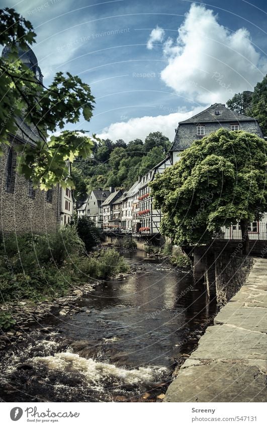 idyllic town Tourism Trip City trip Brook River Monschau Small Town Old town House (Residential Structure) Church Half-timbered facade Half-timbered house