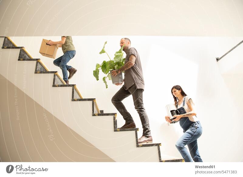 Family carrying various objects while moving up on steps in new apartment color image colour image Germany indoors indoor shot indoor shots interior