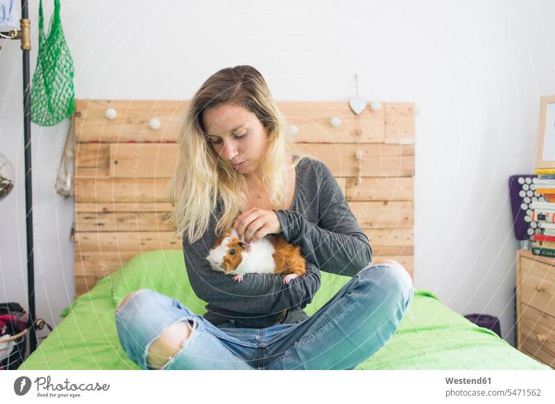 Woman holding guinea pig in arms while sitting on bed at home color image colour image indoors indoor shot indoor shots interior interior view Interiors day