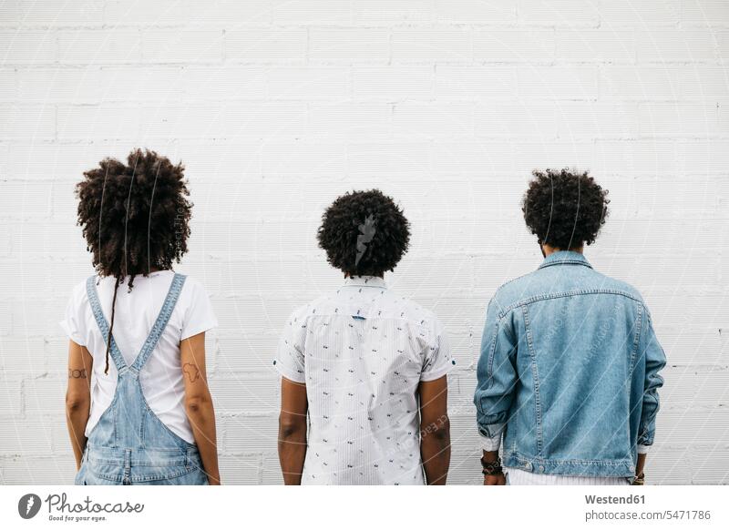 Back view of three friends with curly hair in front of white wall walls curls friendship hairstyle hair-dos hairstyles hairdos people persons human being humans