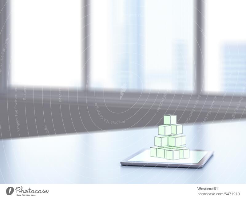 3D rendering, Pile of cubes on digital tablet on desk Idea Ideas office offices office room office rooms digitization digitazing digitalisation digitalization