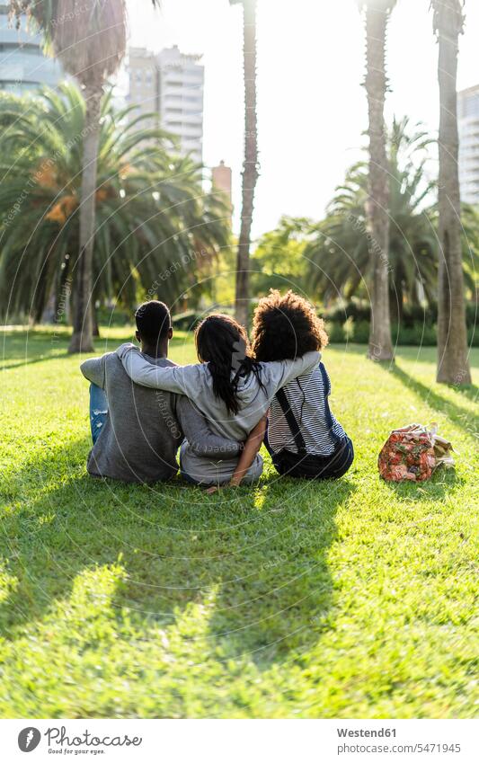 Three friends sitting in a park, watching the sunset sunsets sundown Lawn Turf parks Seated looking looking at atmosphere atmospheric mood moody
