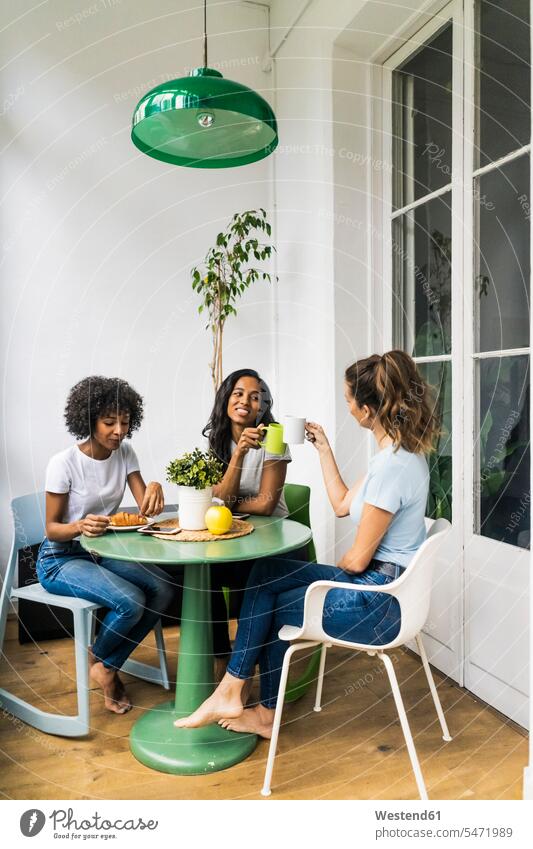 Three happy women sitting at table at home drinking coffee together Seated Table Tables female friends happiness Coffee woman females mate friendship Drink
