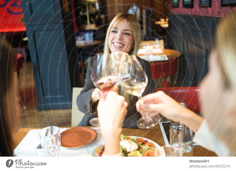 Smiling businesswomen meeting and clinking wine glasses in a restaurant friends mate female friend business life business world business person businesspeople