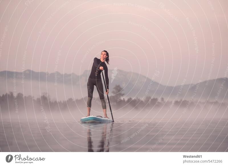 Woman stand up paddling on lake Kirchsee at morning mist, Bad Toelz, Bavaria, Germany in the morning relax relaxing relaxation enjoy enjoyment indulgence
