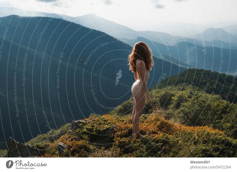 Bulgaria, Balkan Mountains, naked woman on viewpoint nature natural world lonely reclusive reclusively alone solitary solo Nudeness Nudity undressed nude bare