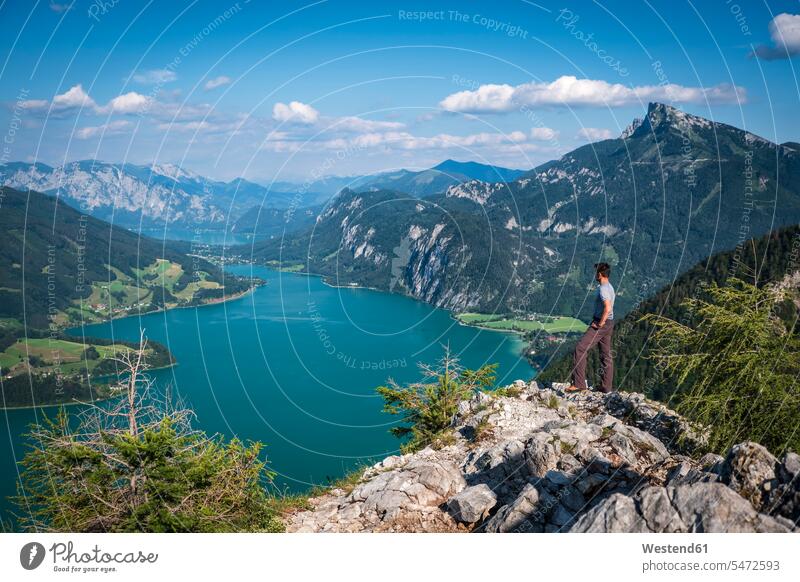 Austria, State Salzburg, Lake Mondsee and Schafberg, hiker on viewpoint caucasian caucasian ethnicity caucasian appearance european nature natural world