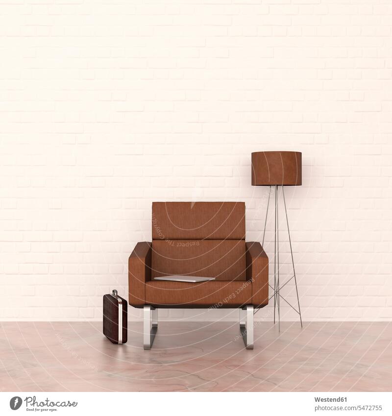 3D rendering, Brown armchair and floor lamp with laptop and briefcase occupation profession professional occupation jobs Nostalgia nostalgic Floor Lamp