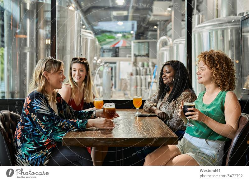 Female friends socializing in a pub mate female friend Female Friendship Drinking Glass Drinking Glasses Beer Glasses Tables wood wood table smile Seated sit
