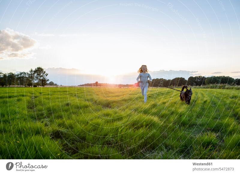 Girl with a dog running over a field at sunset Field Fields farmland sunsets sundown dogs Canine girl females girls atmosphere atmospheric mood moody