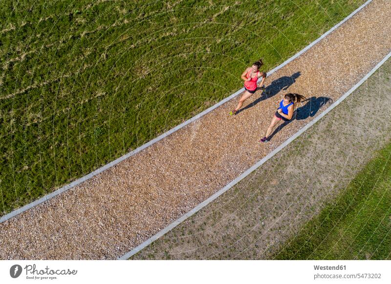 Aerial view of female joggers on woodchip trail Jogging exercise exercises practising exercising active endurance woodchip trails running fitness sport sports