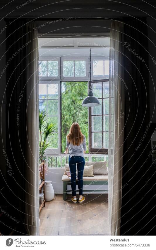 Rear view of young woman at home looking out of window human human being human beings humans person persons celibate celibates singles solitary people