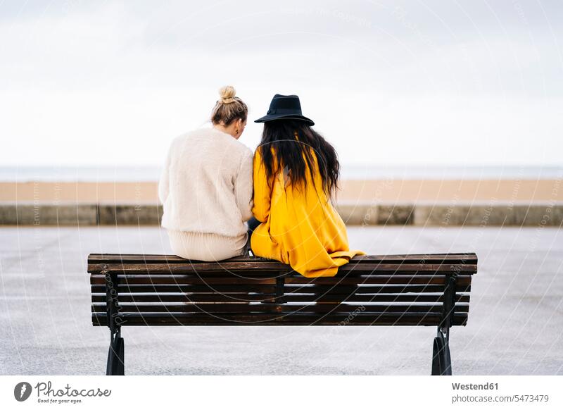 Rear view of girlfriends sitting on a bench using mobile phone human human being human beings humans person persons African black black ethnicity coloured