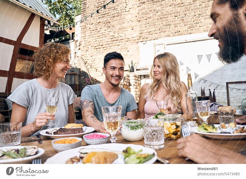Friends having fun at a barbecue party, eating together Chinese Ethnicity socializing sociability companionable socialising Wine Glass Wine Glasses Wineglass
