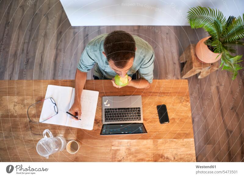 Male freelancer eating fresh apple while working at home color image colour image Spain indoors indoor shot indoor shots interior interior view Interiors