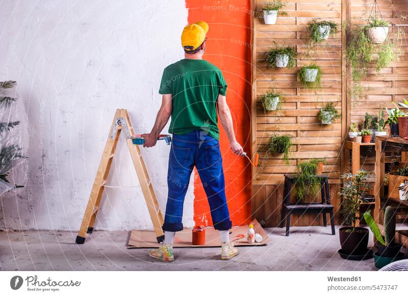Rear view of man painting orange wall in his garden terrace human human being human beings humans person persons caucasian appearance caucasian ethnicity