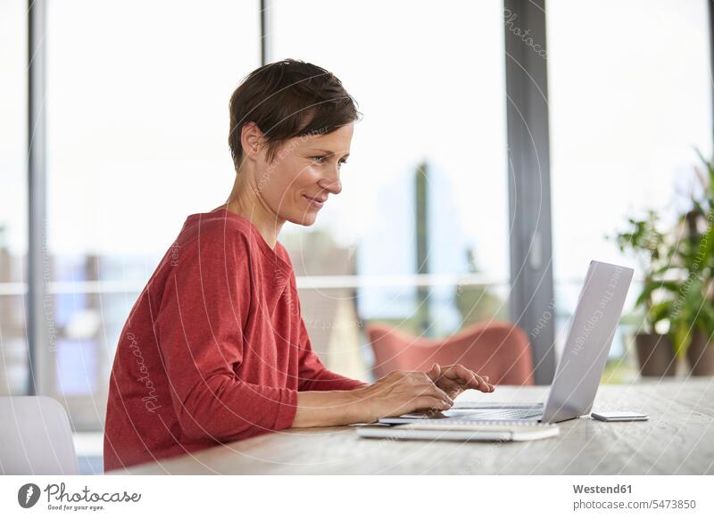 Smiling woman sitting at table at home using laptop Seated smiling smile businesswoman businesswomen business woman business women females Laptop Computers