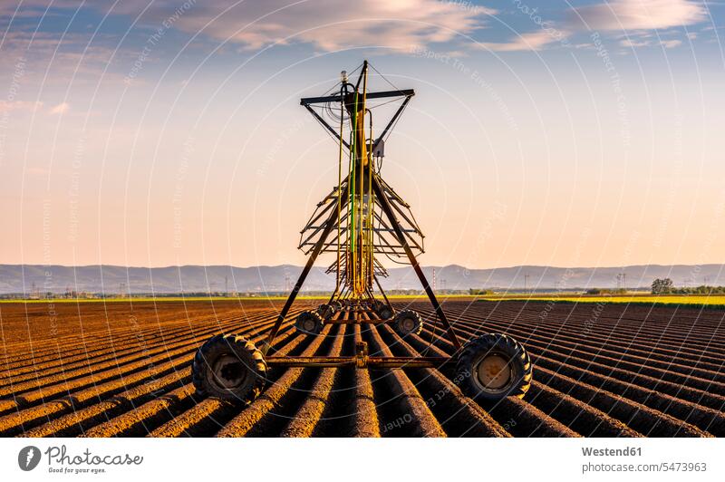 Agricultural sprinkler on field during sunset color image colour image outdoors location shots outdoor shot outdoor shots sunsets sundown atmosphere Idyllic