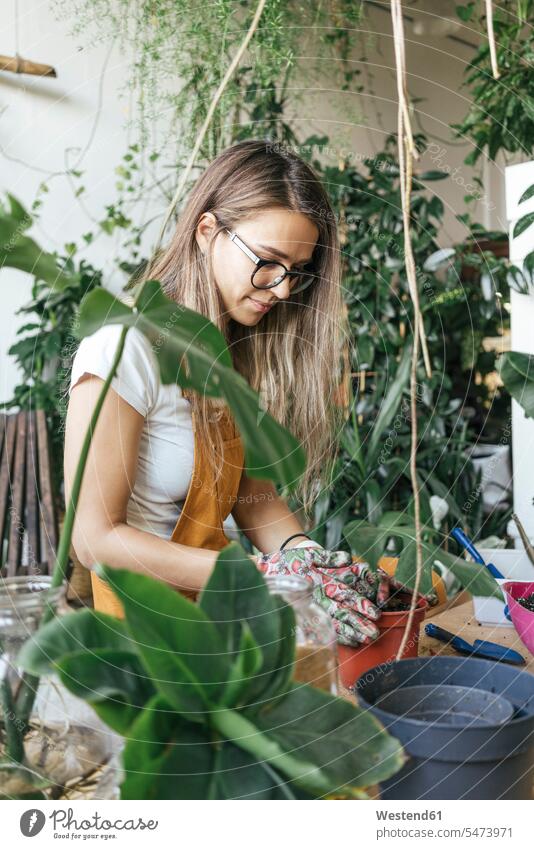 Young woman working with soil in a small gardening shop human human being human beings humans person persons caucasian appearance caucasian ethnicity european 1