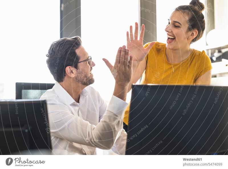 Business people giving high five while working together st office color image colour image indoors indoor shot indoor shots interior interior view Interiors day