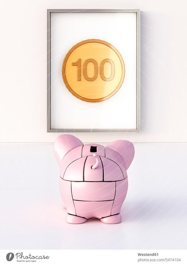 Rendering of pink robot piggy bank in front of coin in a frame affluence Rich riches wealthiness look seeing view viewing looking looking at watch back view