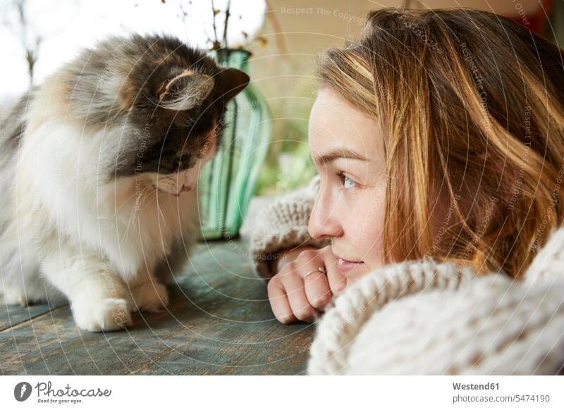 Young woman looking at Norwegian forest cat on wooden table outdoors color image colour image location shots outdoor shot outdoor shots day daylight shot