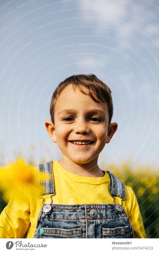 Portrait of happy little boy with picked yellow flower in nature portrait portraits happiness Flower Flowers boys males plucked colour colours child children