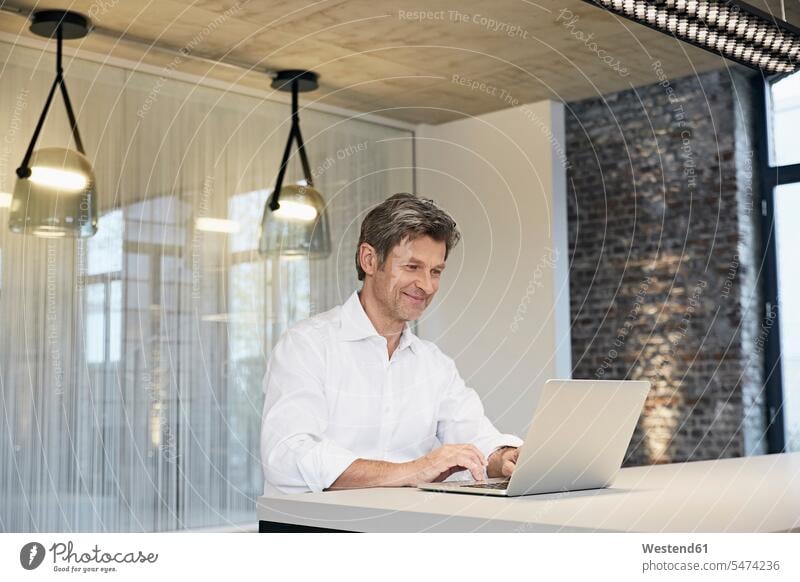Smiling businessman using laptop in modern office offices office room office rooms smiling smile Laptop Computers laptops notebook Businessman Business man