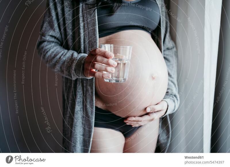 Pregnant woman holding drinking glass while touching belly at home color image colour image indoors indoor shot indoor shots interior interior view Interiors